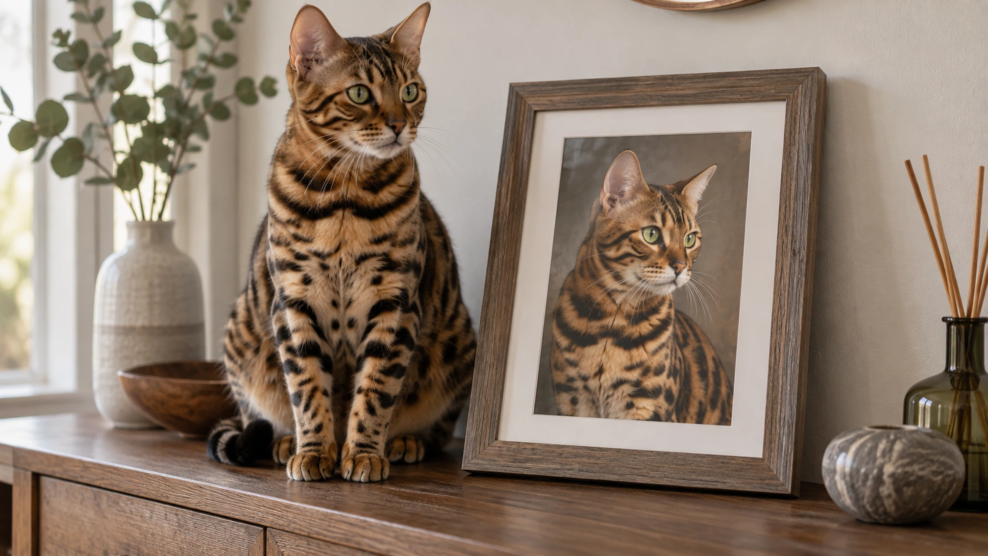 Portrait encadré d’un chat installé dans un intérieur lumineux